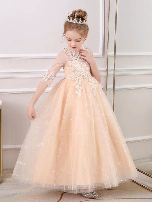 Pink Flower Girl Dresses Jewel Neck Half Sleeves Ankle-Length Lace Princess Silhouette Bows Formal Kids Pageant Dresses