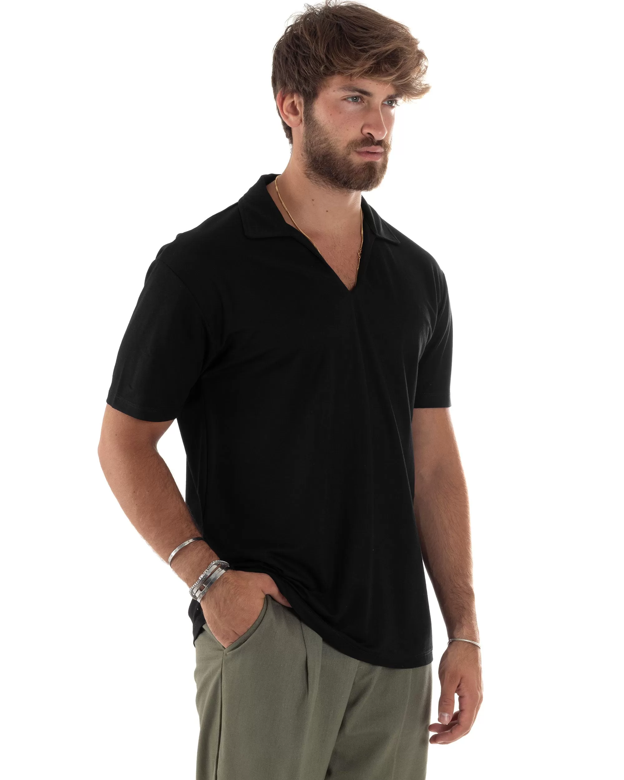 Polo Mezze Maniche Uomo Basic Scollo A V T-Shirt Con Colletto Tinta Unita Nero GIOSAL-TS3068A