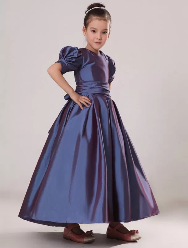 Purple Taffeta Ruched Flower Girl Dress Plum Toddlers Short Sleeve Princess Floor Length Kids Party Dress