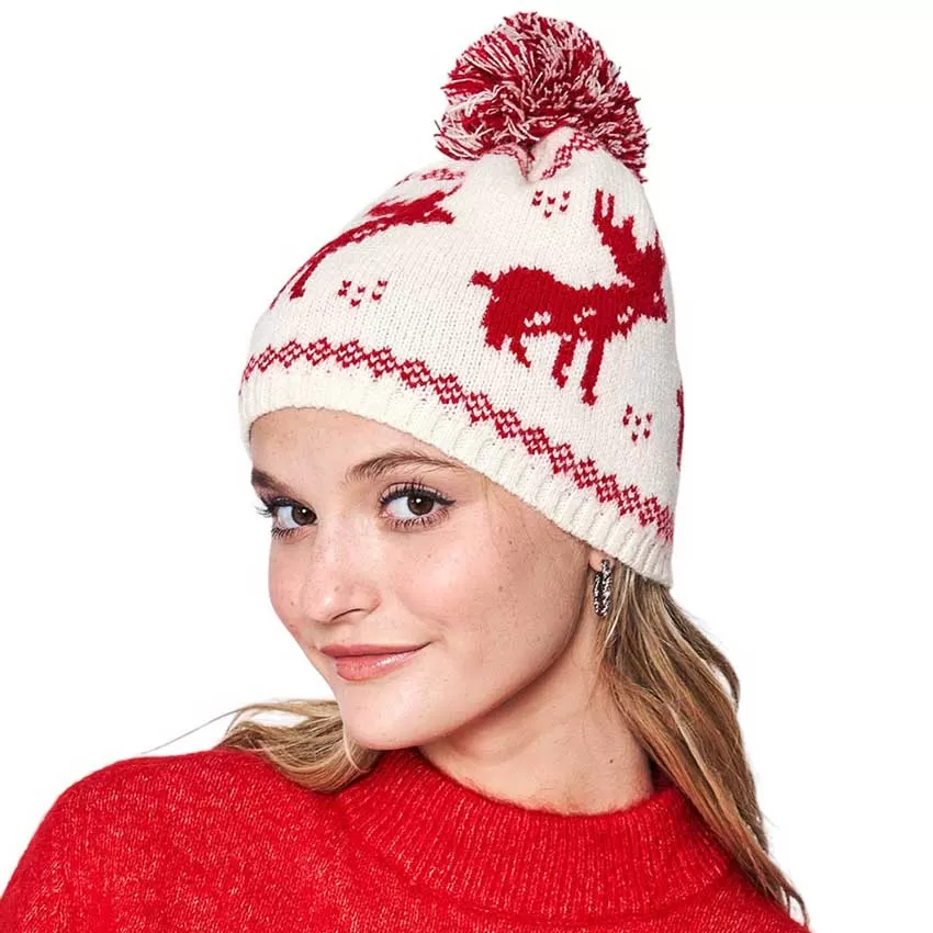 Reindeer Nordic Pom Pom Beanie Hat