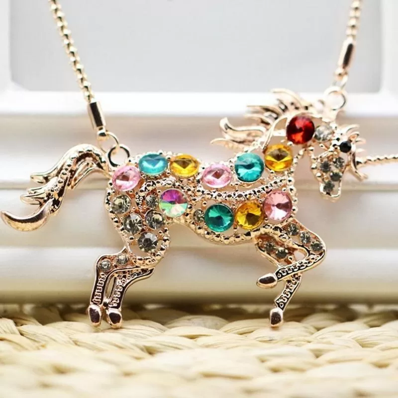 Ride a Rainbow Unicorn Multi Gem and Gold Necklace