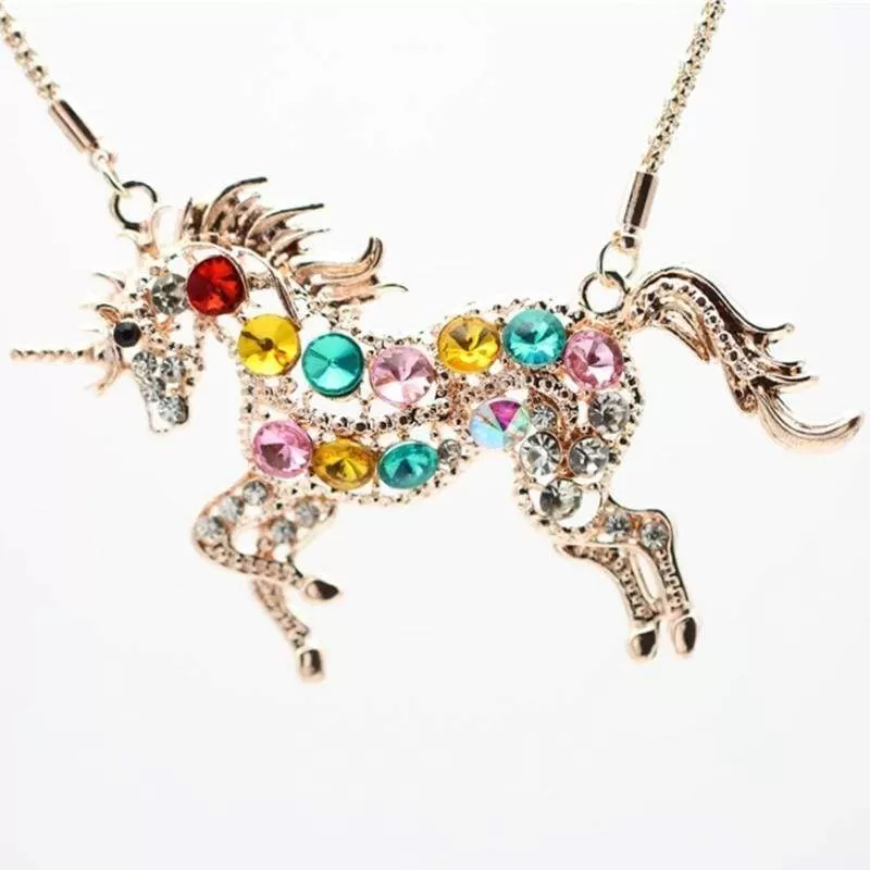 Ride a Rainbow Unicorn Multi Gem and Gold Necklace