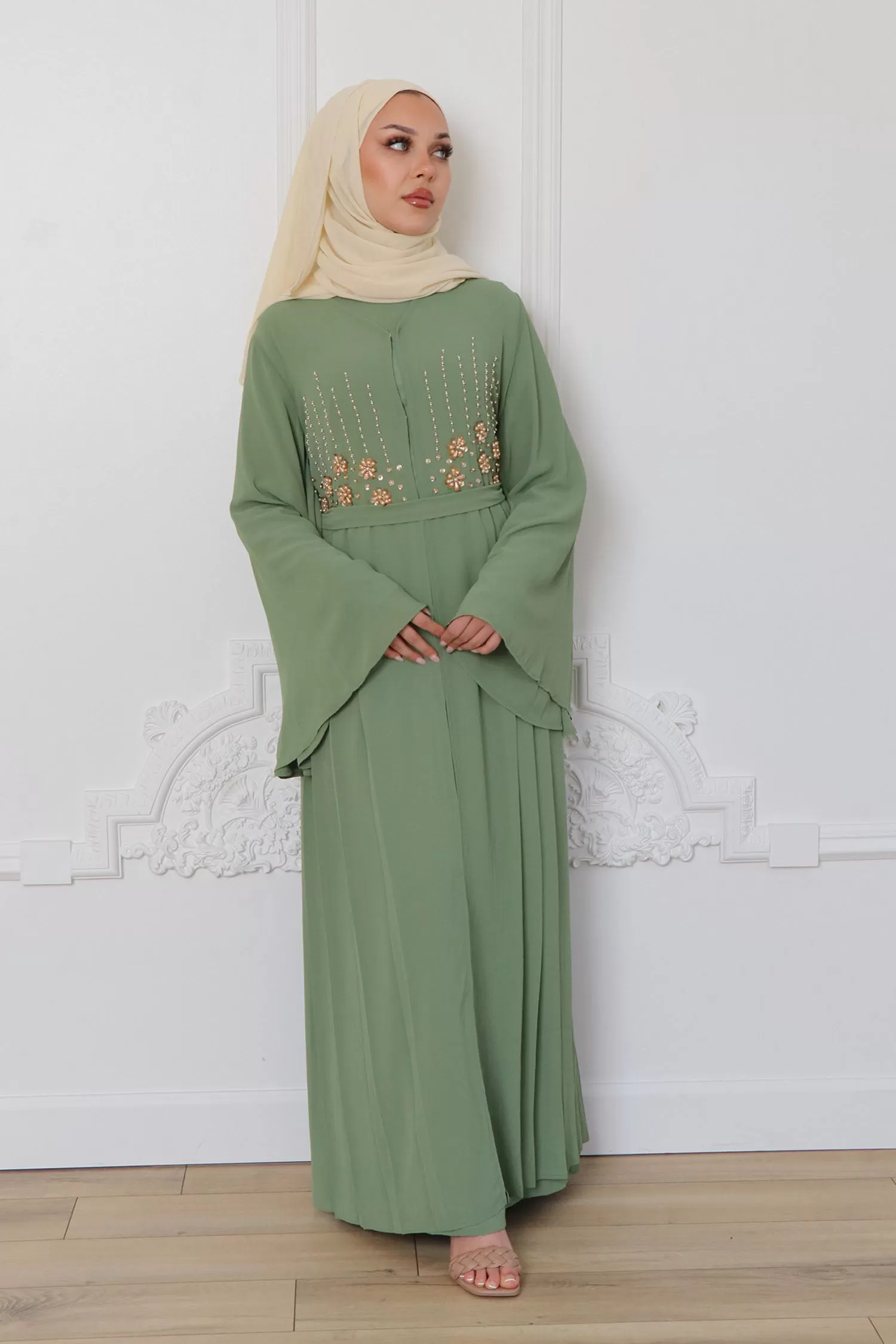 Rosalia Chiffon Layered Abaya - Matcha