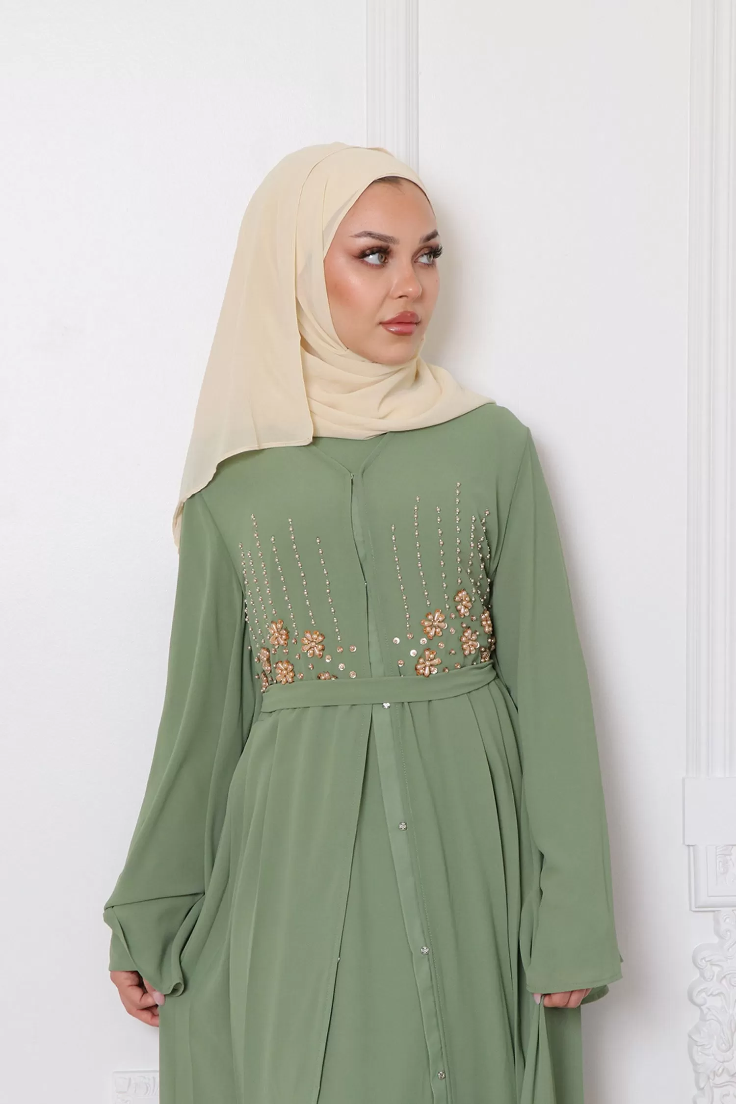 Rosalia Chiffon Layered Abaya - Matcha