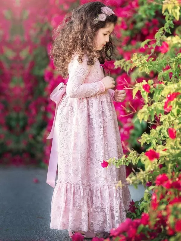 Round Neck Long Sleeve Flower Girl Pink Lace Ankle Length Kids Party Dresses