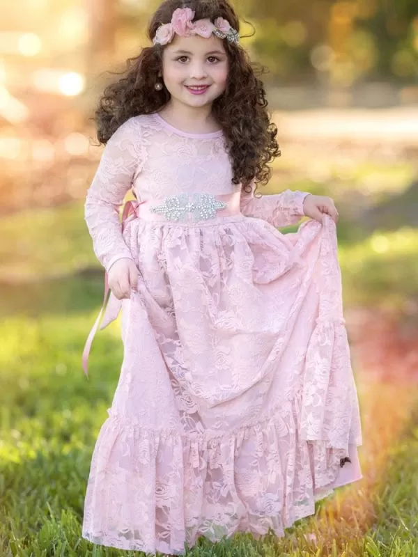 Round Neck Long Sleeve Flower Girl Pink Lace Ankle Length Kids Party Dresses