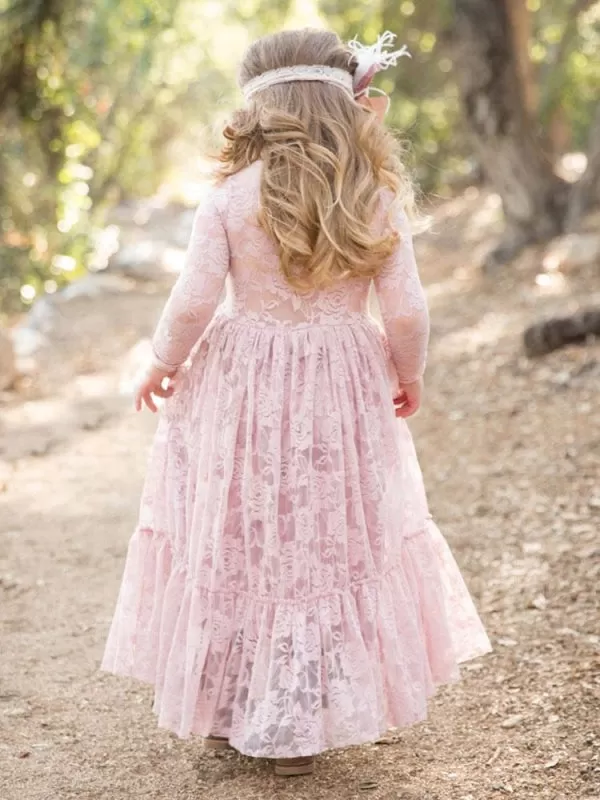 Round Neck Long Sleeve Flower Girl Pink Lace Ankle Length Kids Party Dresses