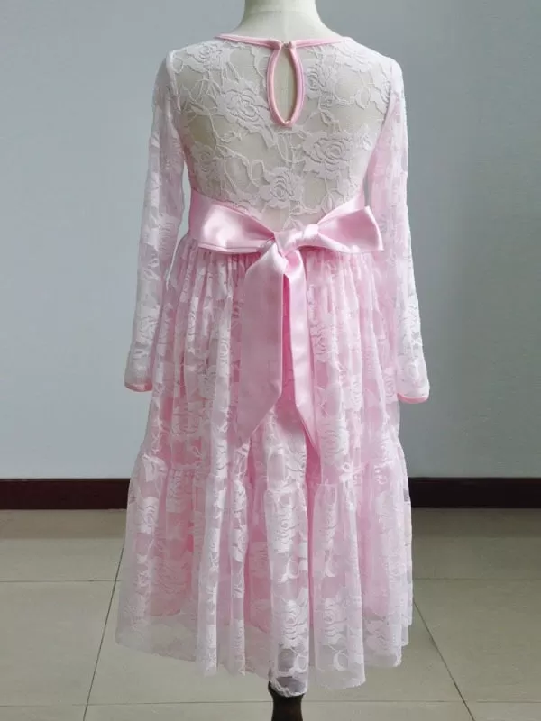 Round Neck Long Sleeve Flower Girl Pink Lace Ankle Length Kids Party Dresses