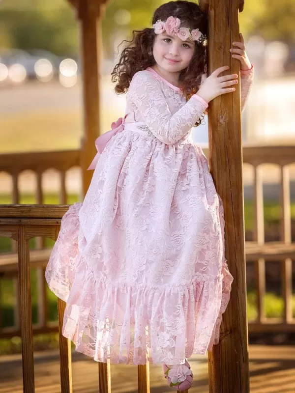 Round Neck Long Sleeve Flower Girl Pink Lace Ankle Length Kids Party Dresses