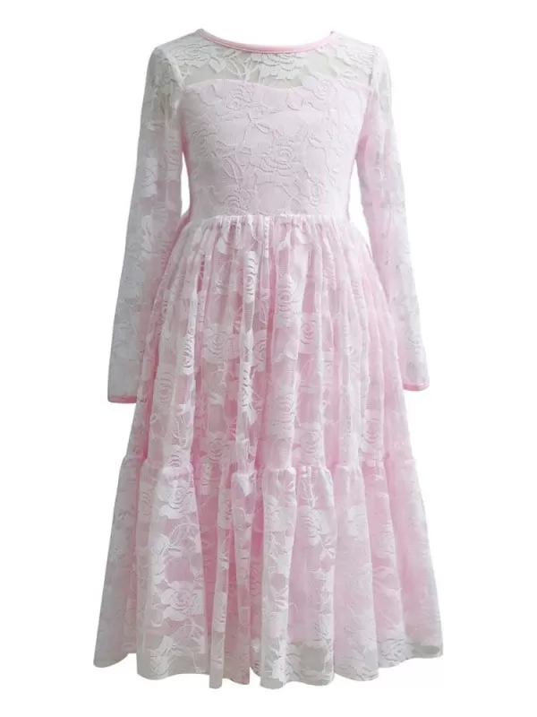 Round Neck Long Sleeve Flower Girl Pink Lace Ankle Length Kids Party Dresses