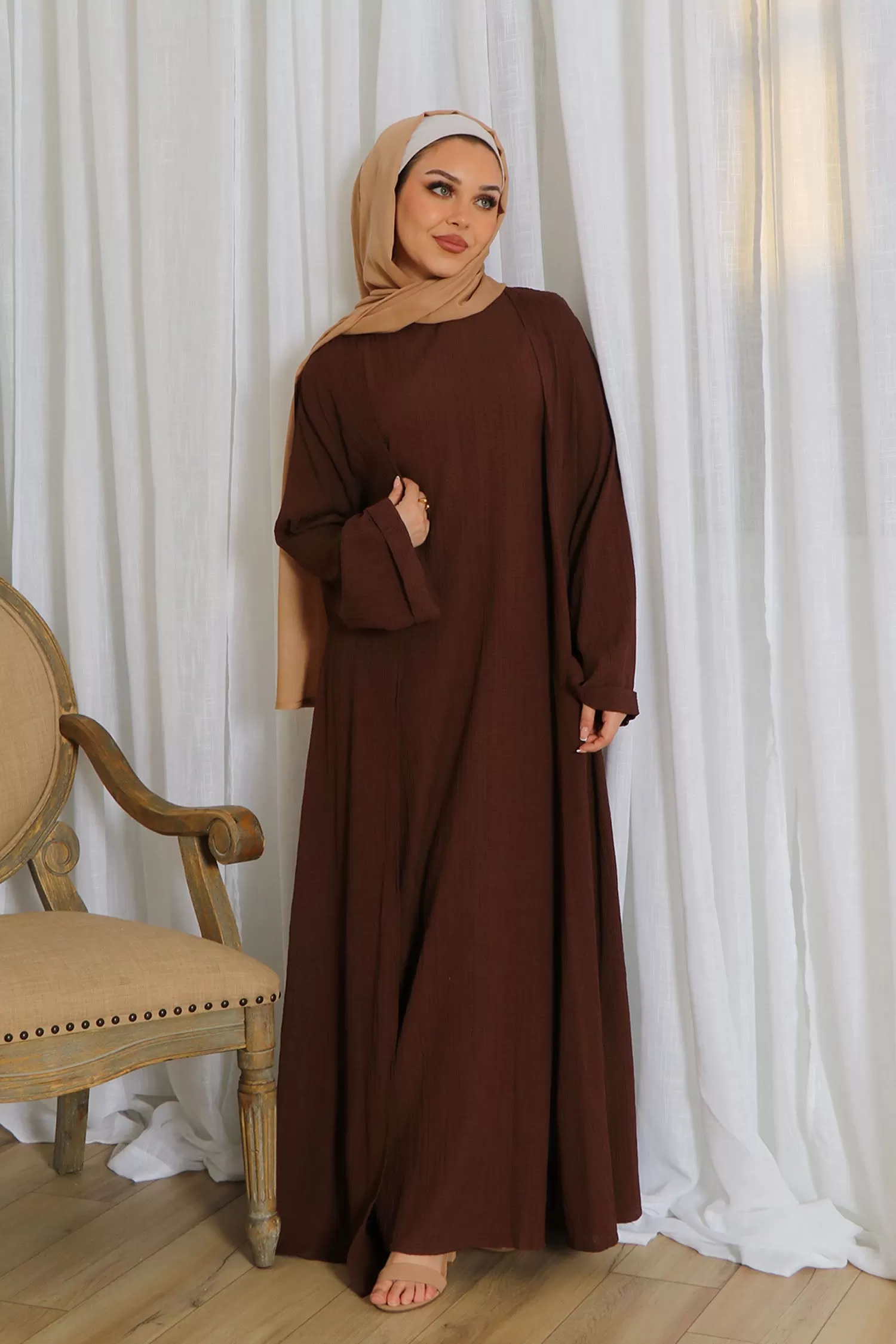 Safa Textured Abaya Set- Brown