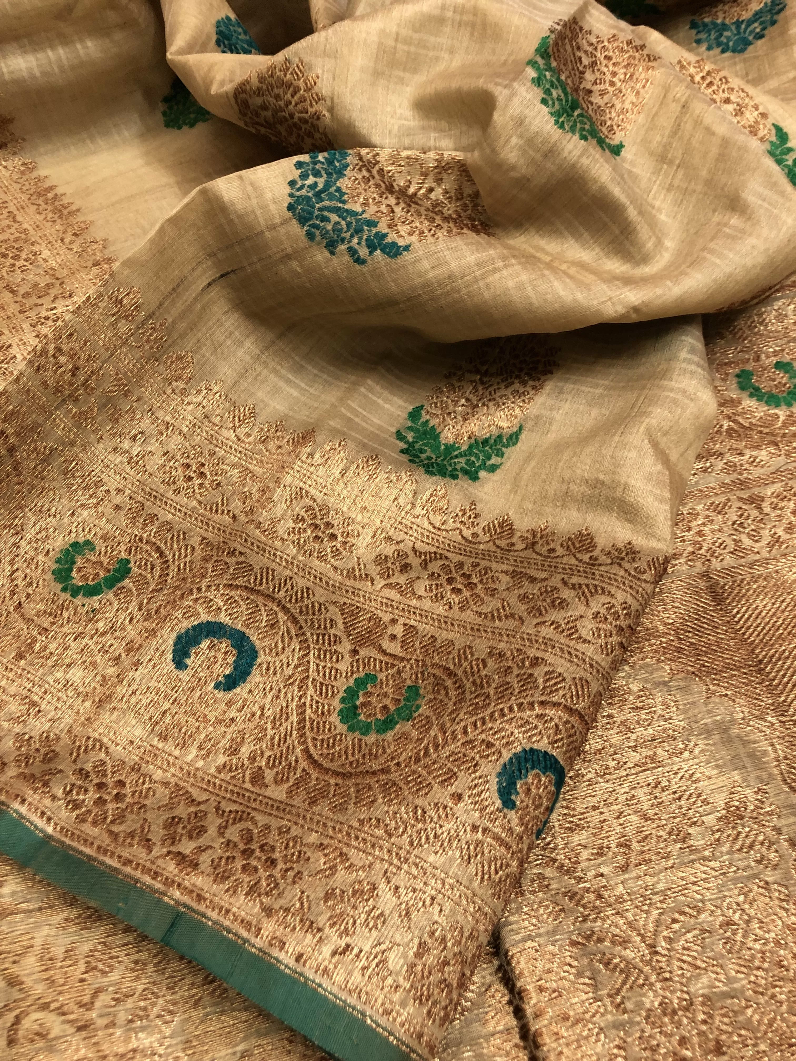 Sandalwood Color Pure Tussar Banarasi Silk Saree with Meenakari Work