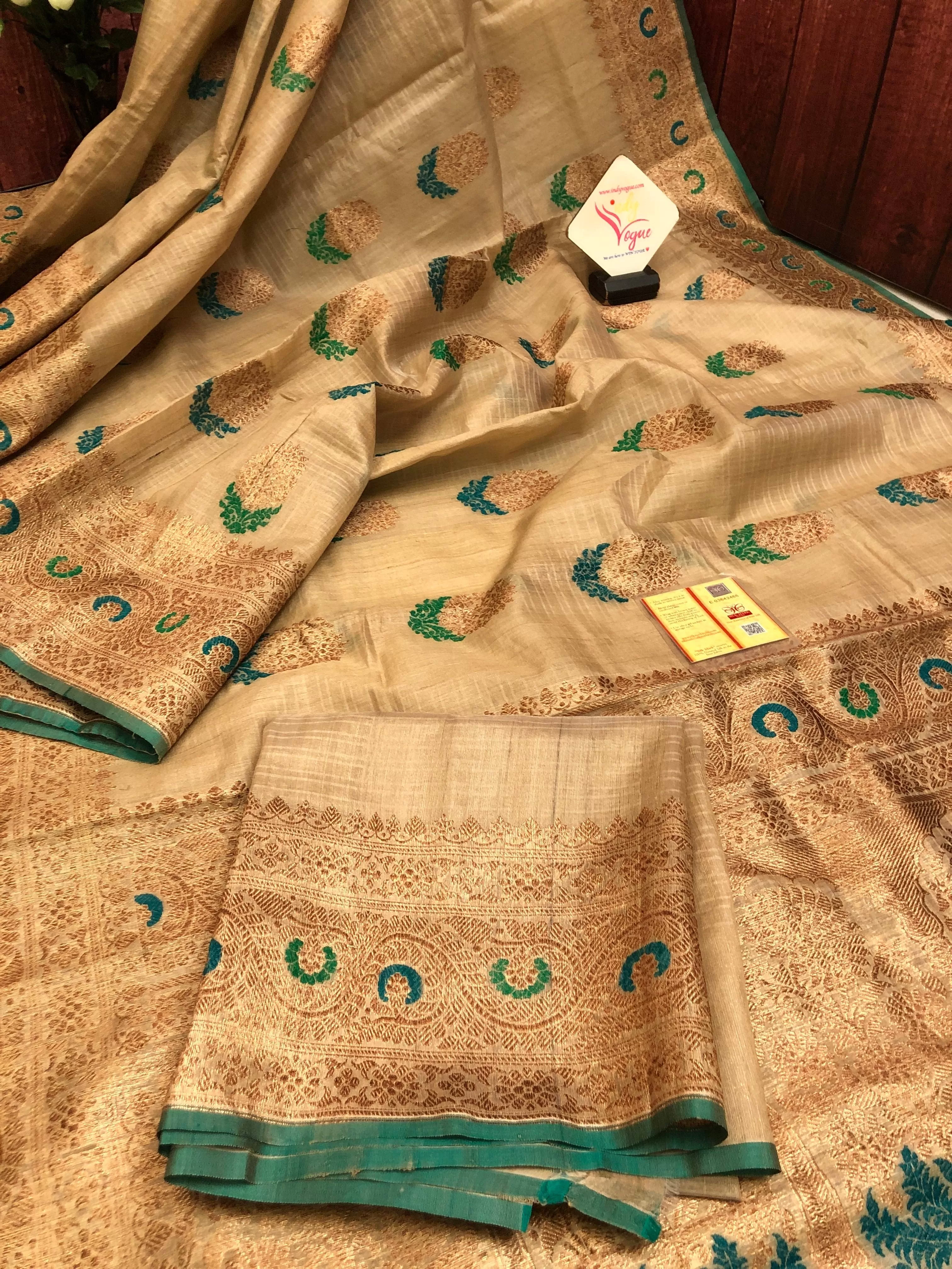 Sandalwood Color Pure Tussar Banarasi Silk Saree with Meenakari Work