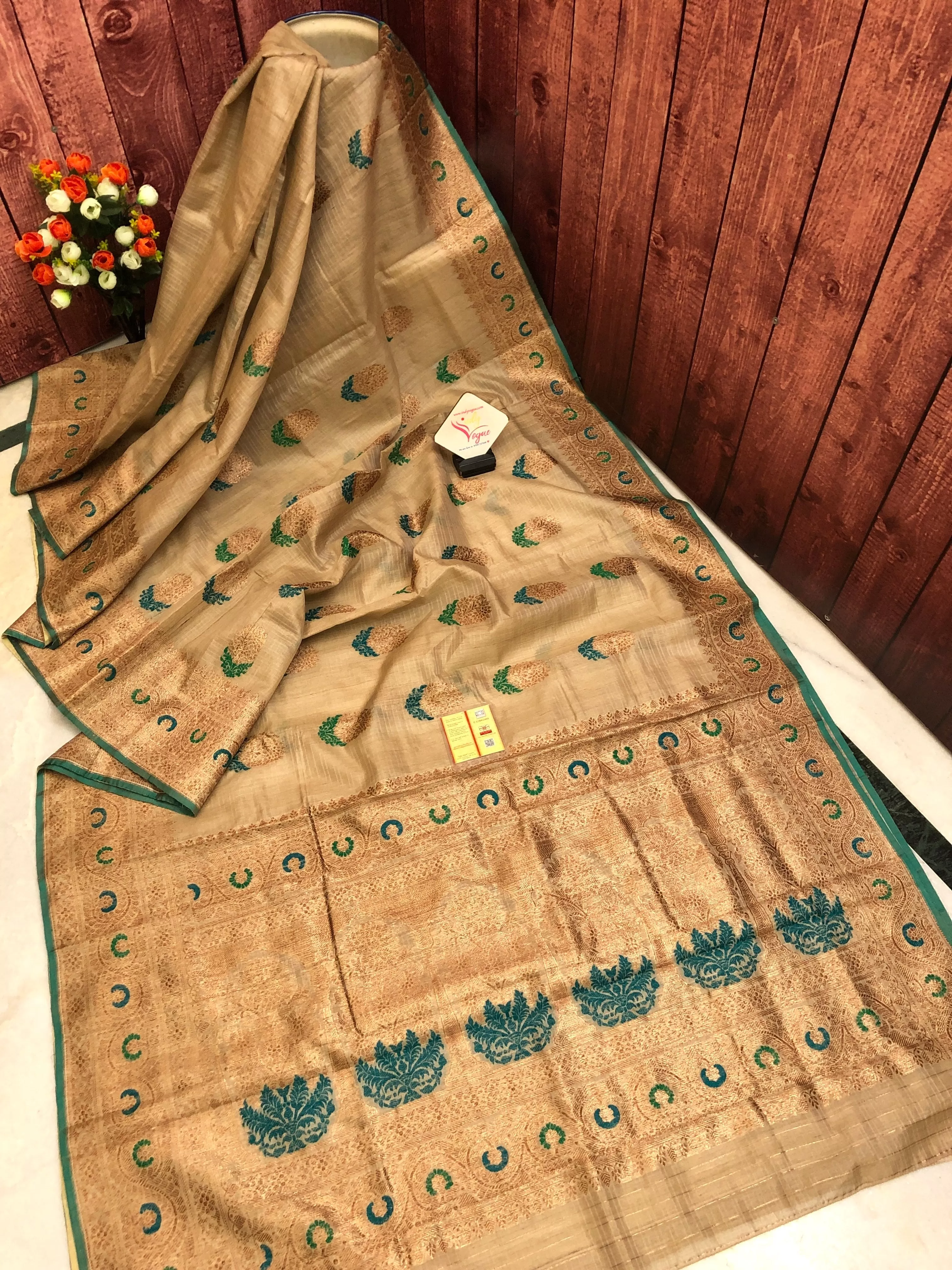 Sandalwood Color Pure Tussar Banarasi Silk Saree with Meenakari Work