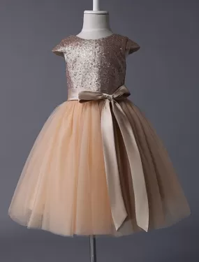 Sequined Tutu Pageant Dress Flower Girl Dresses Champagne Cap Sleeves Tulle Short Kids Party Dresses