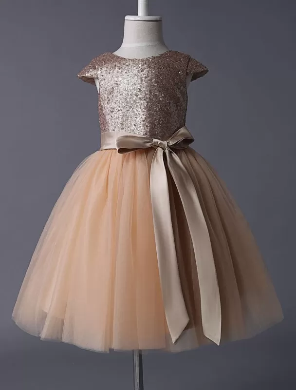 Sequined Tutu Pageant Dress Flower Girl Dresses Champagne Cap Sleeves Tulle Short Kids Party Dresses