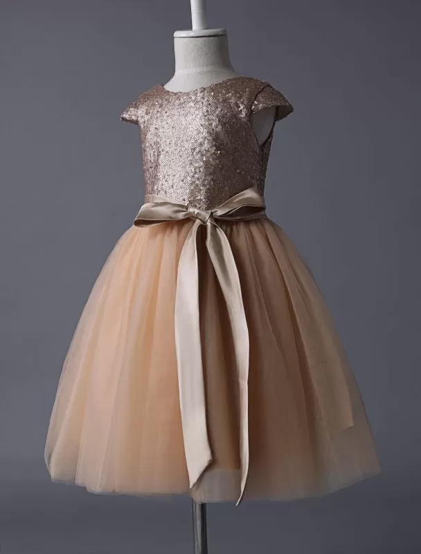 Sequined Tutu Pageant Dress Flower Girl Dresses Champagne Cap Sleeves Tulle Short Kids Party Dresses