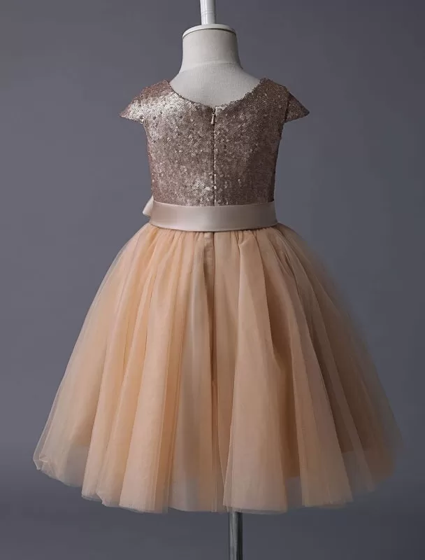 Sequined Tutu Pageant Dress Flower Girl Dresses Champagne Cap Sleeves Tulle Short Kids Party Dresses