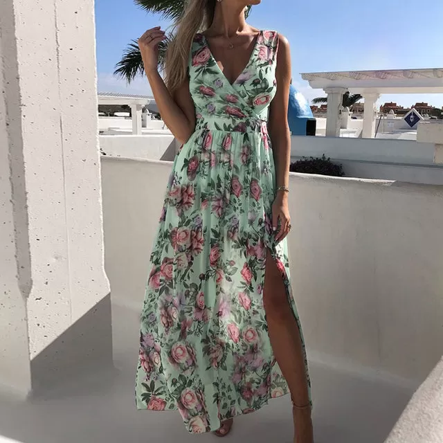 Sexy Women V-neck Floral Chiffon Dress Summer Backless Lace Up High Slit Long Dresses Sleeveless Beach Sundress Vacation Dress