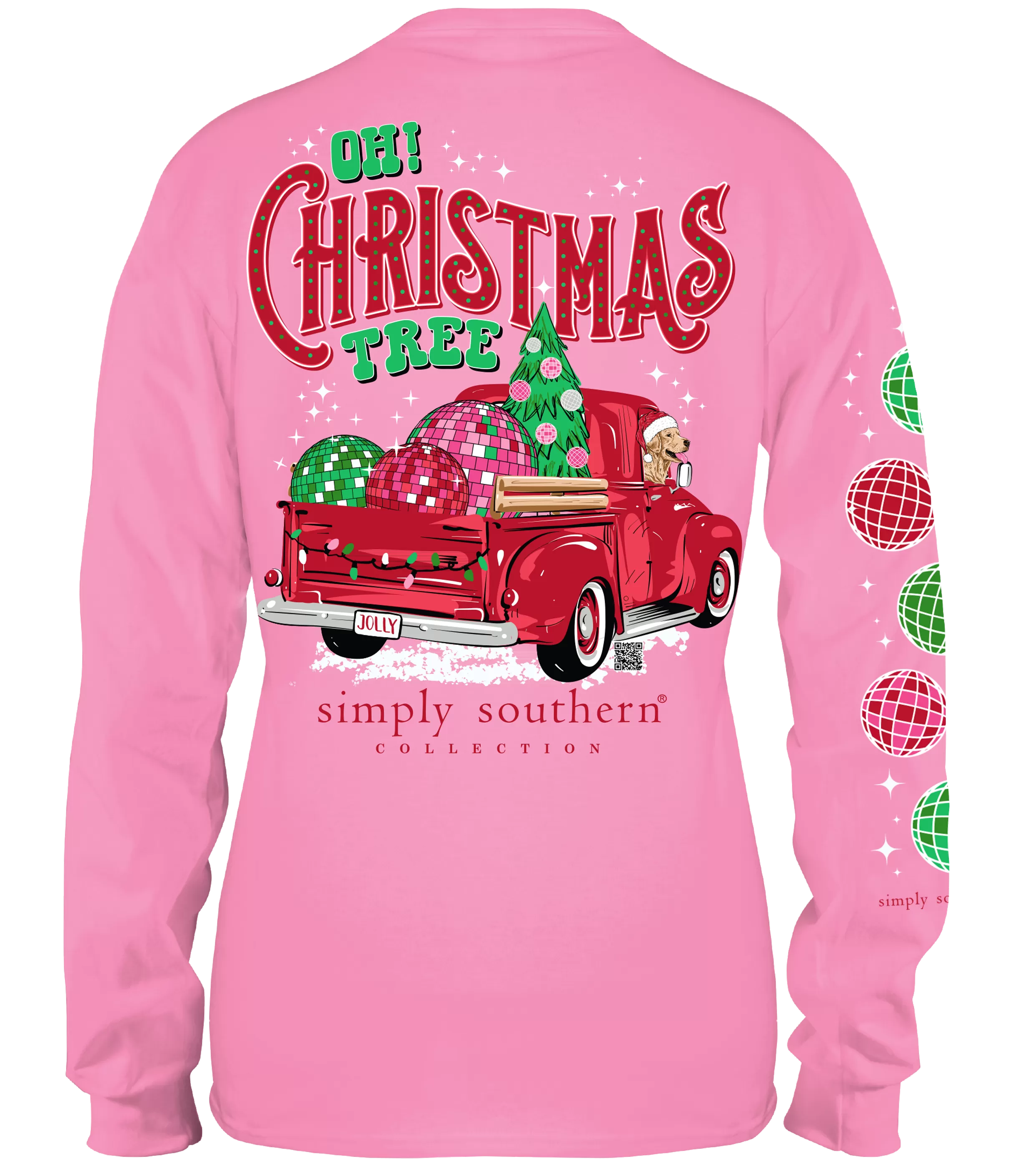 Simply Southern 100% Cotton Long Sleeve T-Shirt - 'Oh Christmas Tree' with Vintage Truck, Disco Ball, Christmas Trees, and a Dog