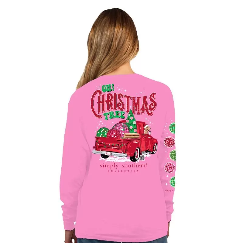 Simply Southern 100% Cotton Long Sleeve T-Shirt - 'Oh Christmas Tree' with Vintage Truck, Disco Ball, Christmas Trees, and a Dog