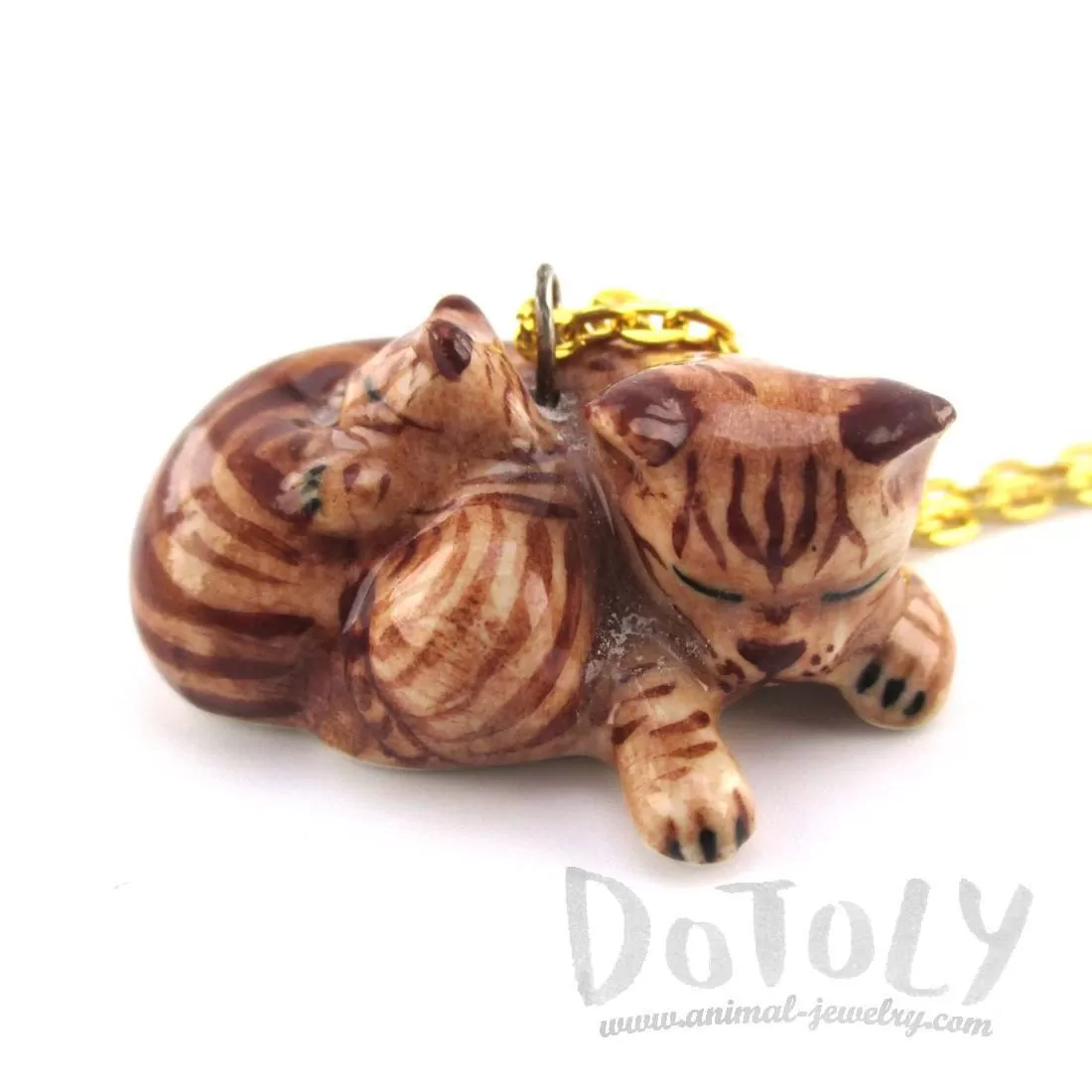 Sleeping Tabby Cat and Kitten Porcelain Pendant Necklace in Brown