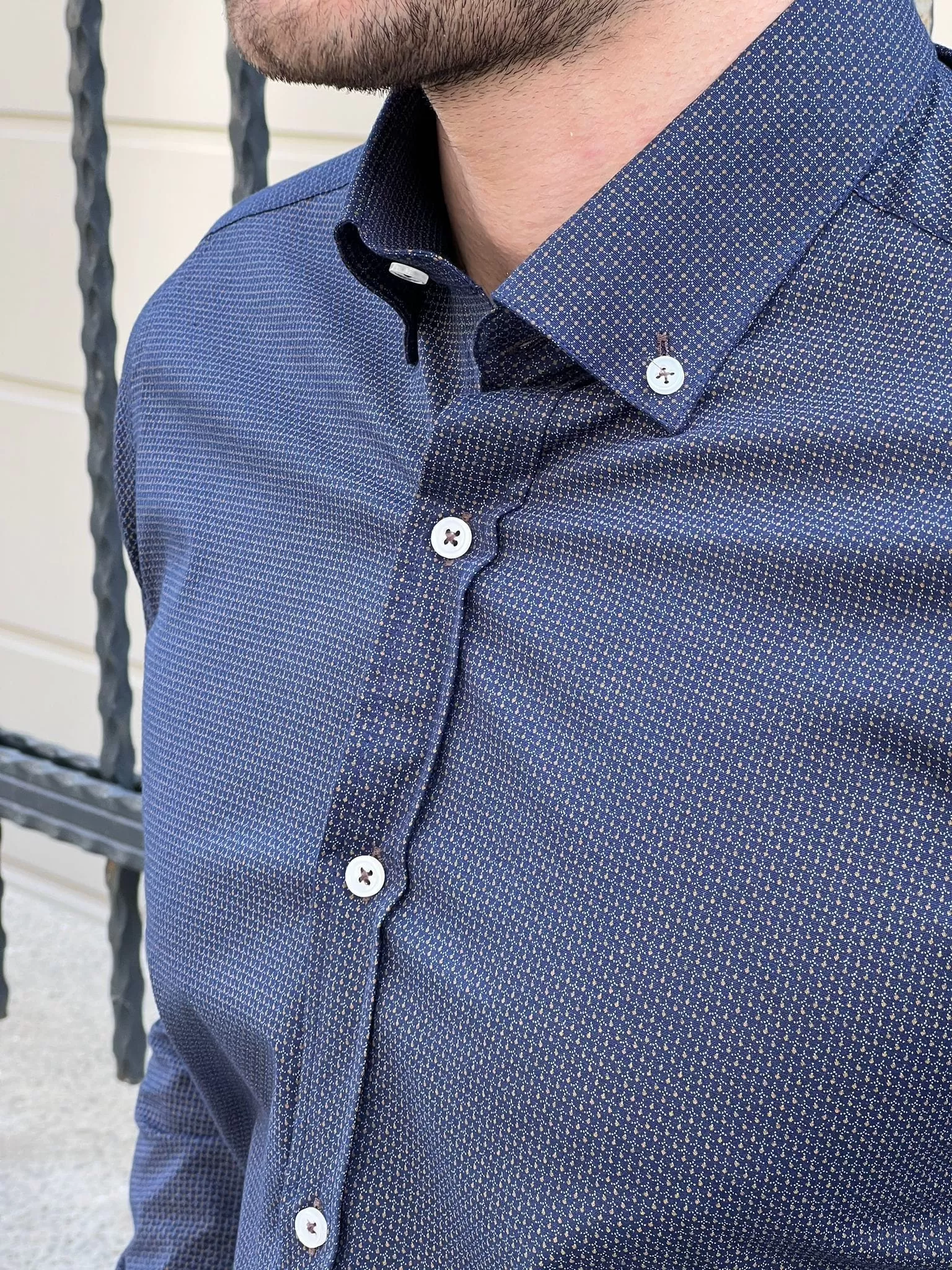 Slim Fit Patterned Cotton Navy blue Shirt