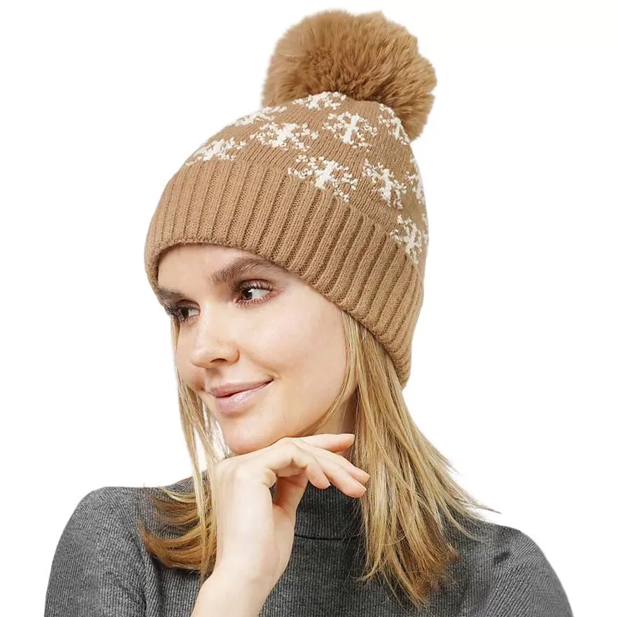 Snowflake Patterned Faux Fur Lining Knit Pom Pom Beanie Hat