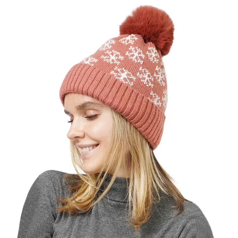 Snowflake Patterned Faux Fur Lining Knit Pom Pom Beanie Hat