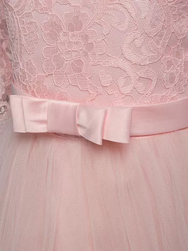 Soft Pink Tulle A Line Flower Girl Dresses Half Sleeve Lace Formal Dress with Bow