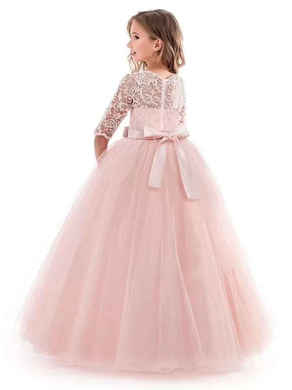 Soft Pink Tulle A Line Flower Girl Dresses Half Sleeve Lace Formal Dress with Bow