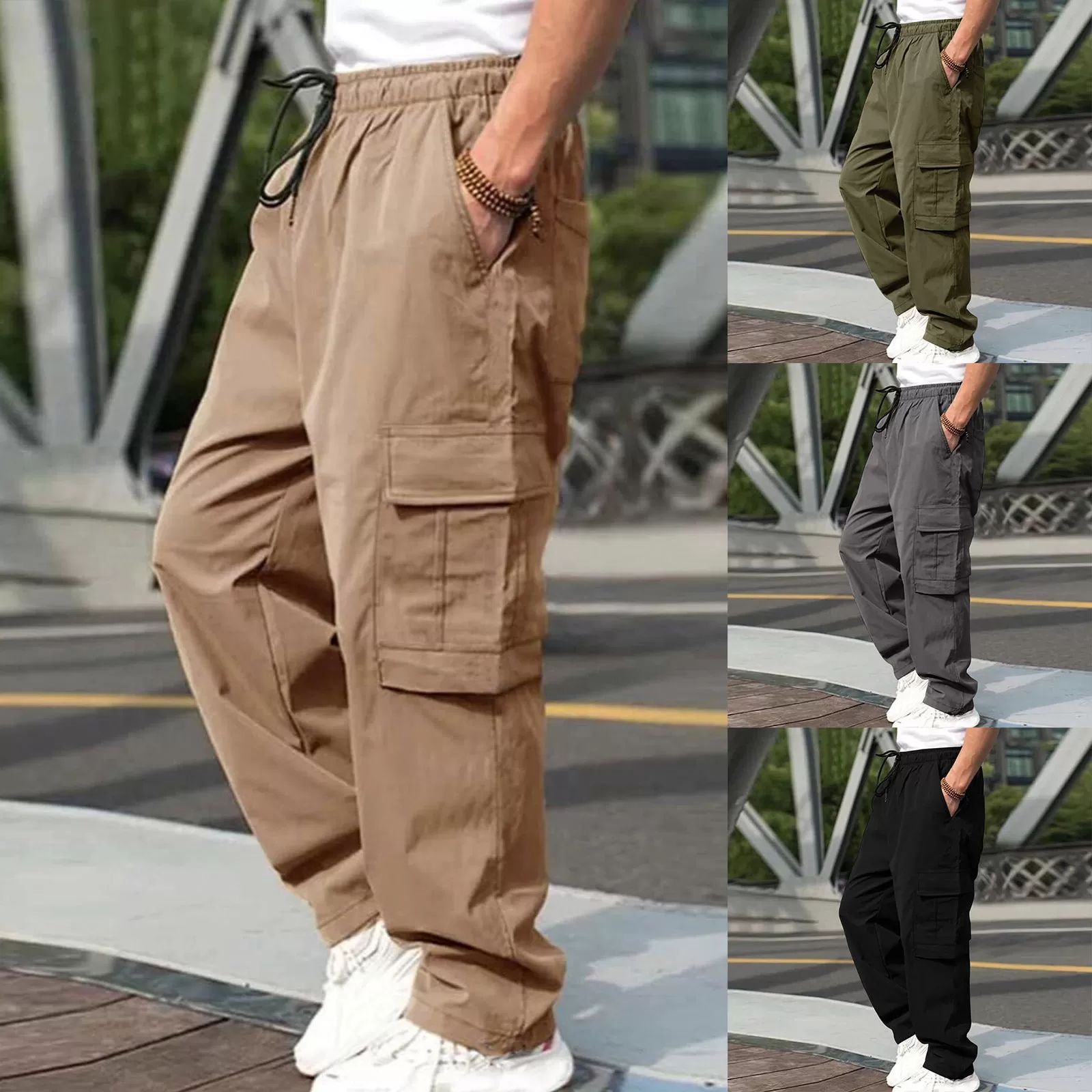 Solid Color Drawstring Mid Waist Male Cargo Sweatpants (4 colors)