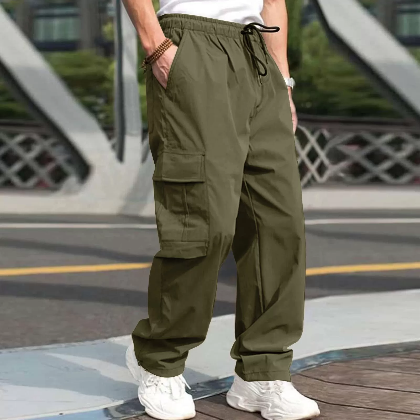 Solid Color Drawstring Mid Waist Male Cargo Sweatpants (4 colors)