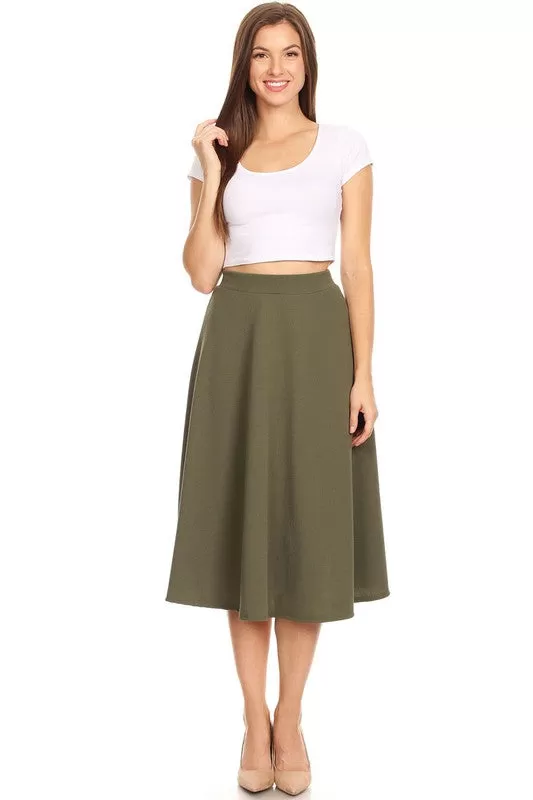 Solid Color High Waist A-line Midi Skirt (10 colors)