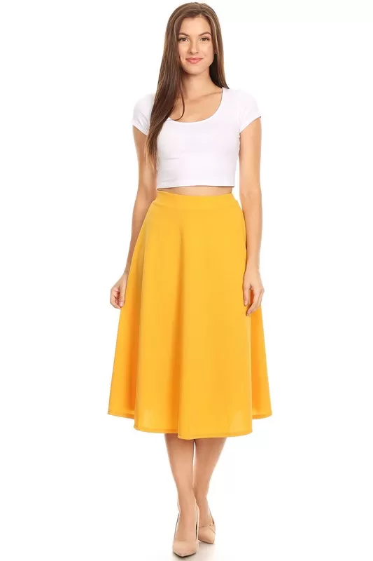 Solid Color High Waist A-line Midi Skirt (10 colors)