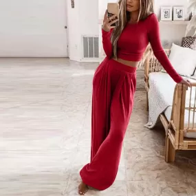 Solid Color Knit Long Sleeve Two Piece Wide Leg Pants Set (6 colors)