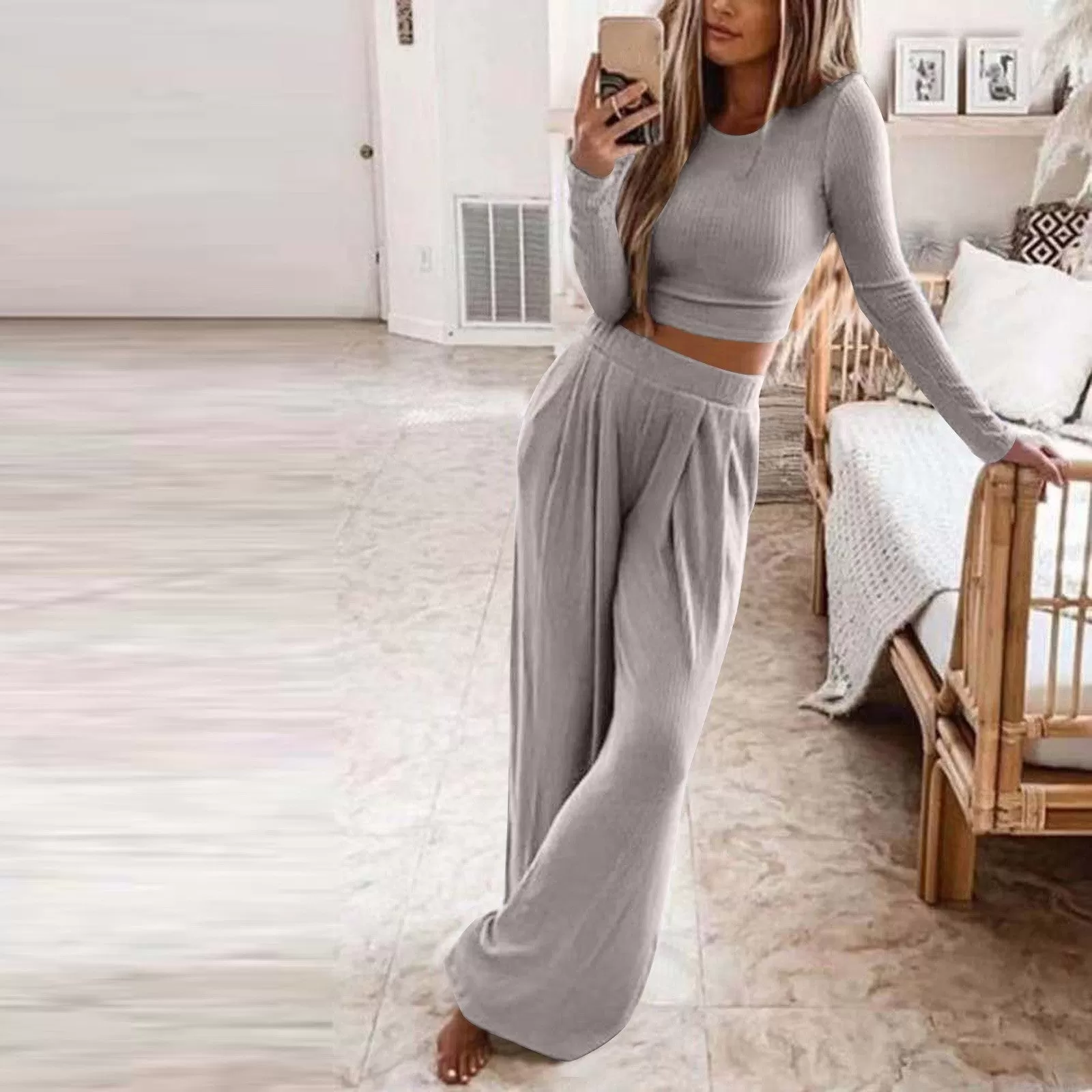 Solid Color Knit Long Sleeve Two Piece Wide Leg Pants Set (6 colors)