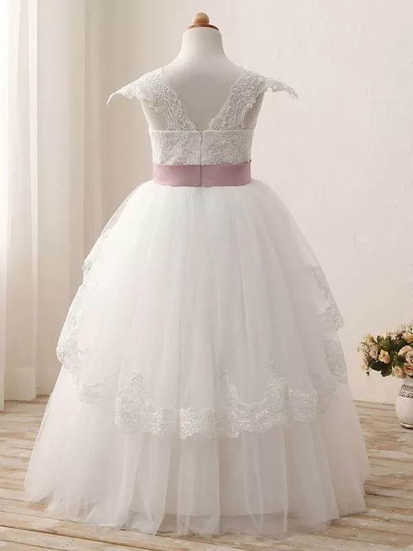 Square Neck Lace Short Sleeves Flower Girl Dresses Cap Sleeves White Ball Gown with Bows