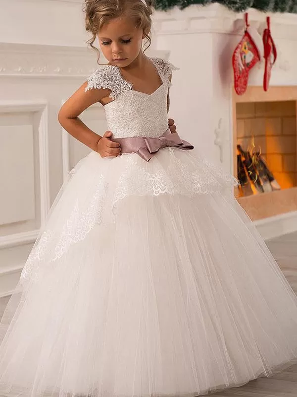 Square Neck Lace Short Sleeves Flower Girl Dresses Cap Sleeves White Ball Gown with Bows