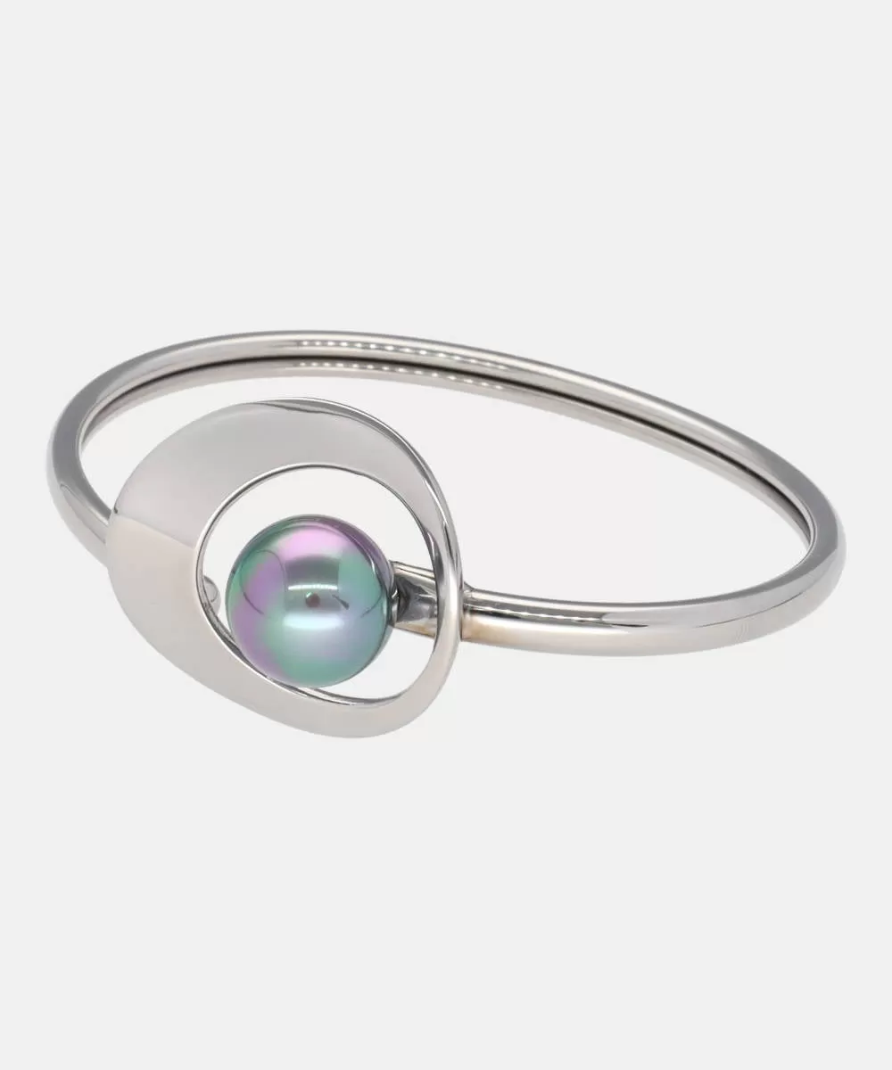 Stainless Steel Bangle Bracelet for Women, 12mm Round Grey Pearl, 17.7 Diameter, Petra Collection