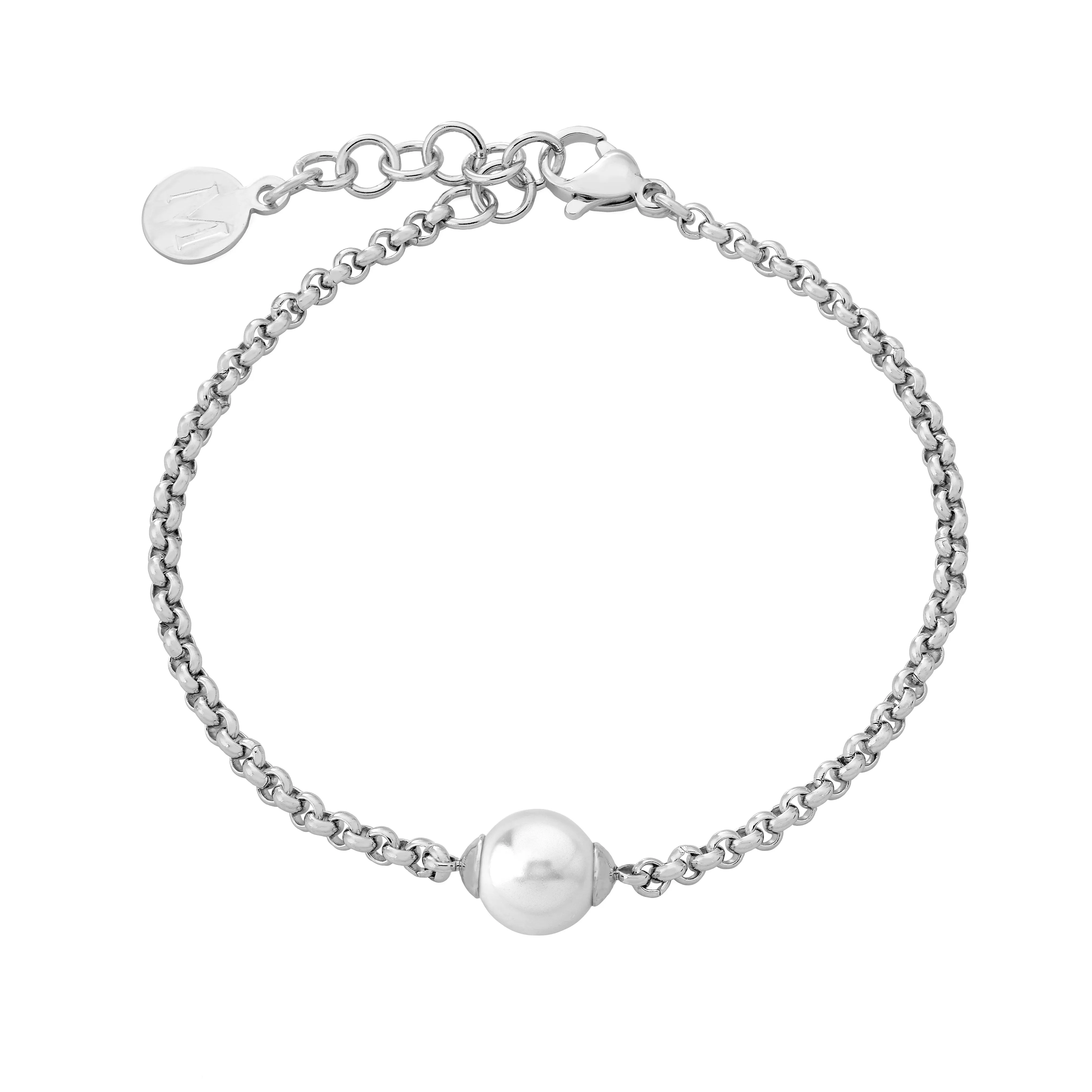 Steel Rhodium Plated Bracelet for Women with Organic Pearl, 8mm Round White Pearl, 6.5 Length, Nuada Collection