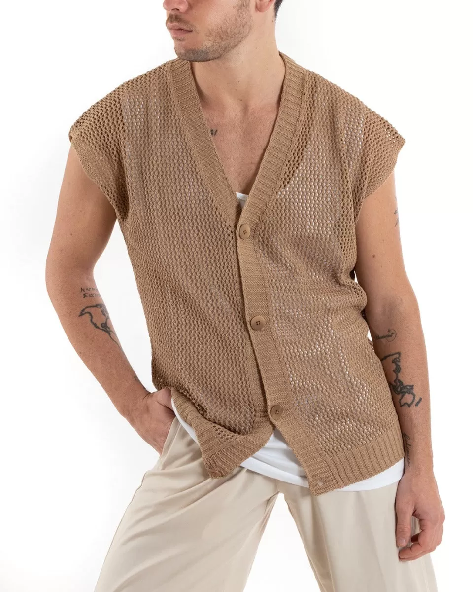 T-shirt Uomo Maglia Traforata Cardigan Con Bottoni Tinta Unita Camel Casual GIOSAL-TS2897A