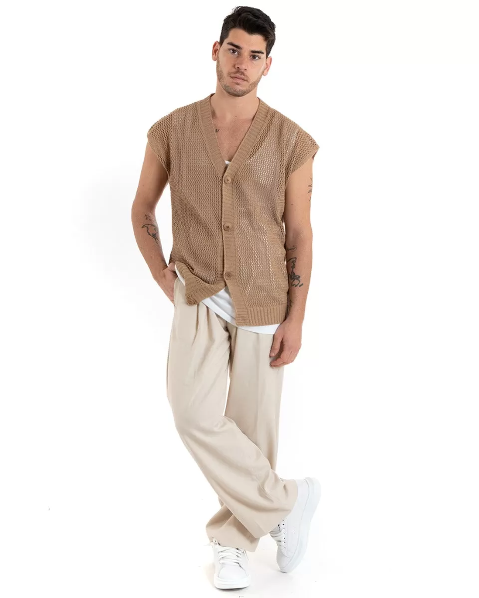 T-shirt Uomo Maglia Traforata Cardigan Con Bottoni Tinta Unita Camel Casual GIOSAL-TS2897A