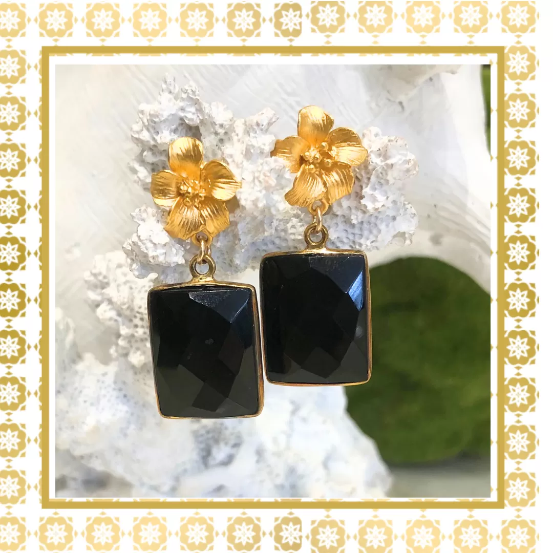 Teramasu Faceted Black Onyx Square Gemstone 14k Gold Vermeil Flower Post Drop Earrings