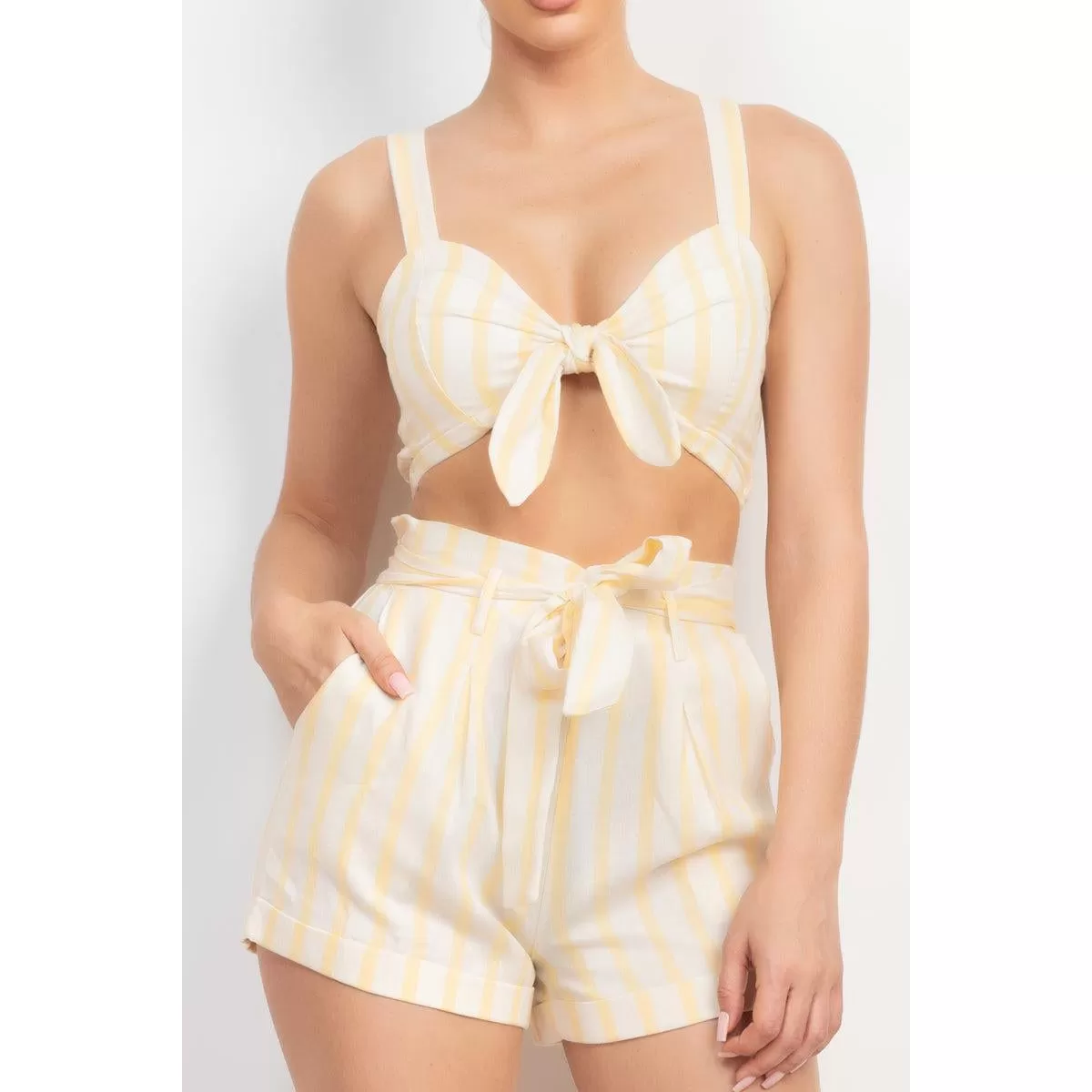 Tie-front Striped Crop Top & Belted Shorts Set