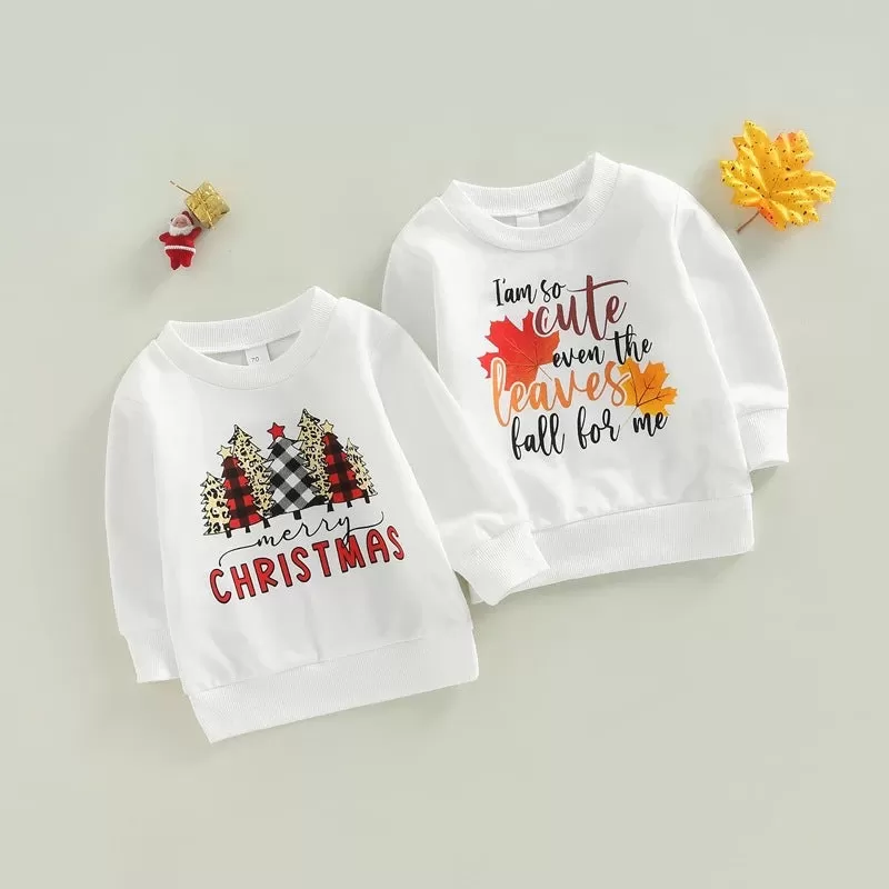 Toddler Kids Solid Letter Christmas Tree Maple Leaf Print Long Sleeve Sweatshirt