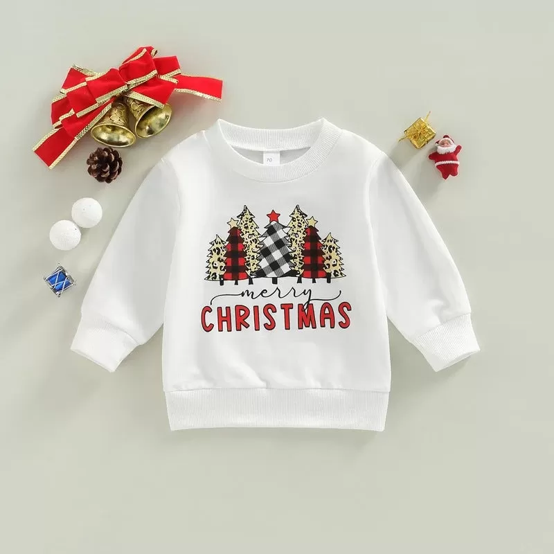 Toddler Kids Solid Letter Christmas Tree Maple Leaf Print Long Sleeve Sweatshirt