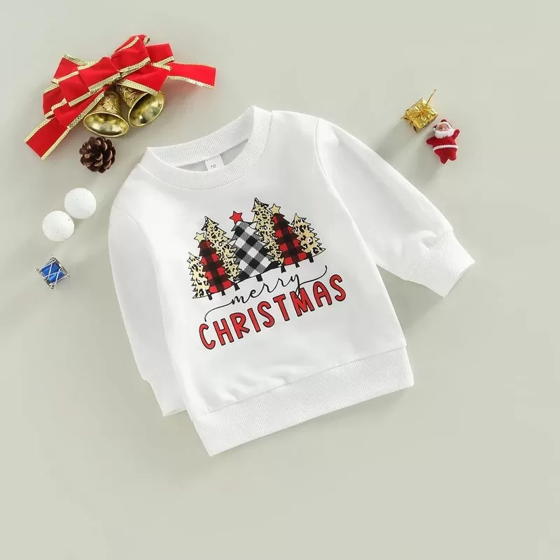 Toddler Kids Solid Letter Christmas Tree Maple Leaf Print Long Sleeve Sweatshirt