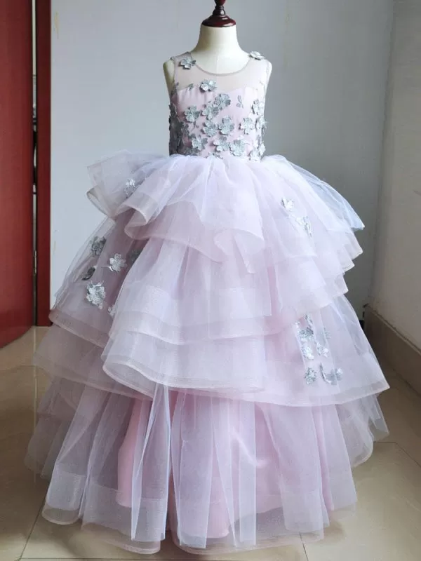 Tulle Floral Lace Flower Girl Dresses Sleeveless Long Party Dress for Kids