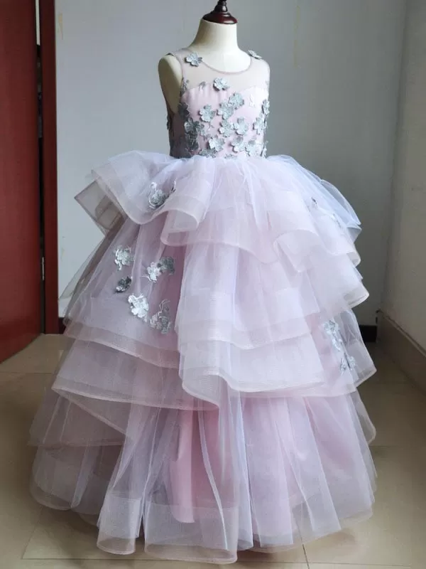 Tulle Floral Lace Flower Girl Dresses Sleeveless Long Party Dress for Kids